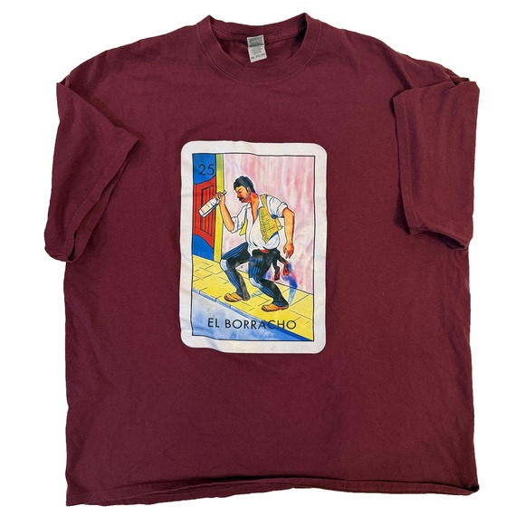 El Borracho Shirt Mens 2XL Maroon Loteria Mexican Card Graphic Tee Gildan Funny - Picture 1 of 4